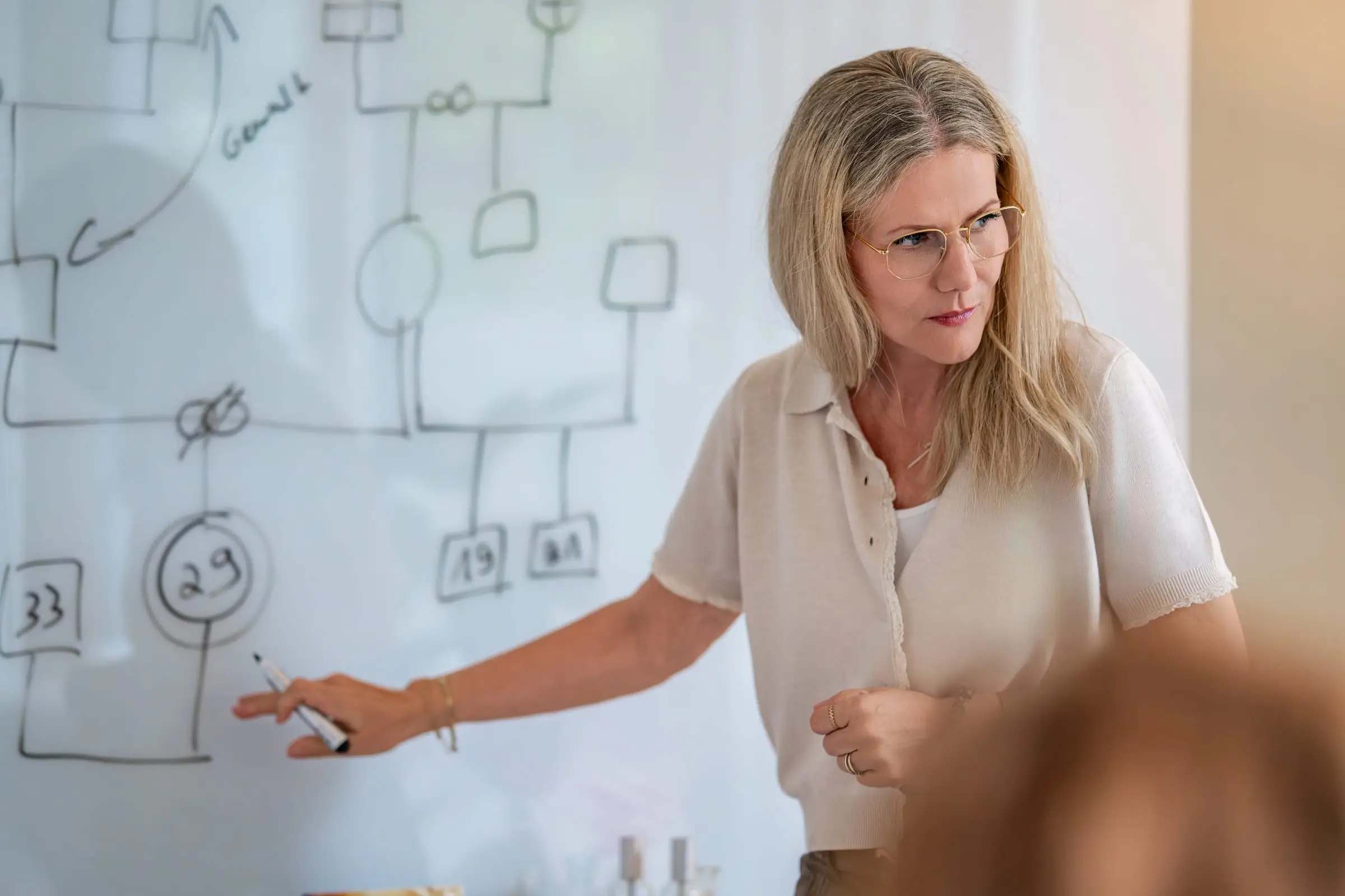 Beraterin erläutert ein systemisches Modell am Whiteboard